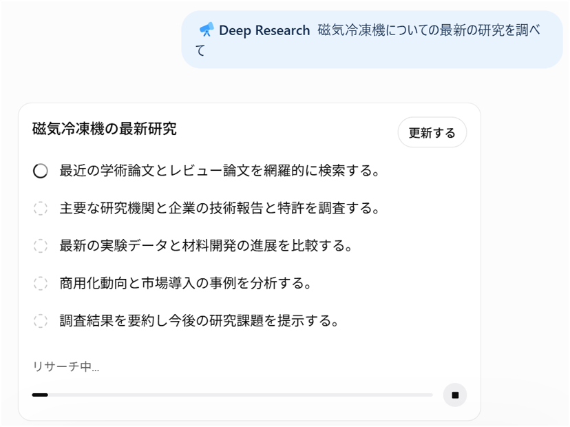 Deep Researchが調査を進めている途中経過の画面