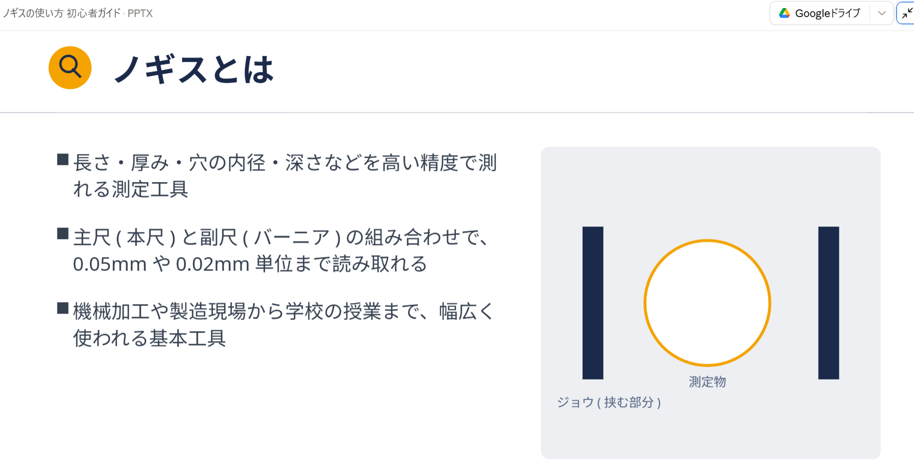 出力されたノギスの使い方のスライド。指定したフォントサイズが反映されている