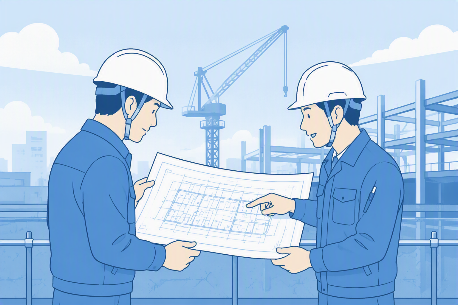 依頼文をもとに生成された、建設現場で打ち合わせをする作業員2人のイラスト