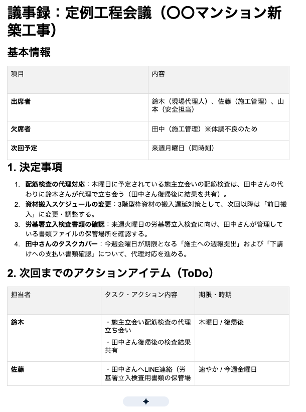 エクスポートされた議事録のドキュメント
